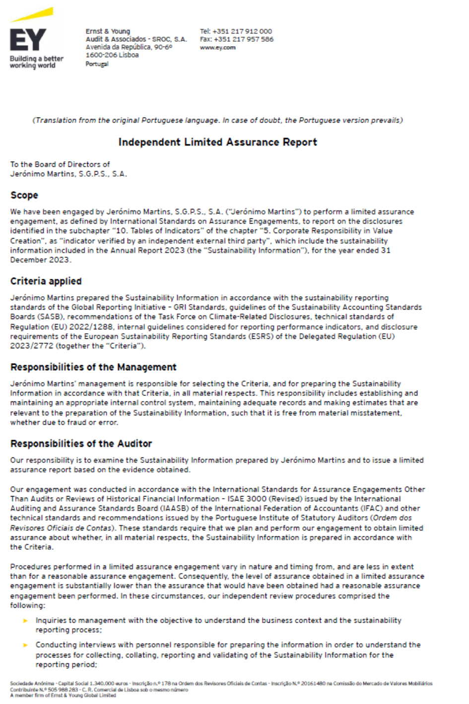 Page 1 of the independent limited assurance report (photo)