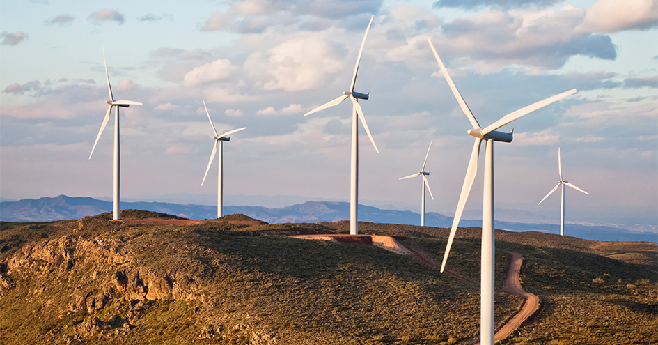 Mountain top with six wind turbines  (photo)