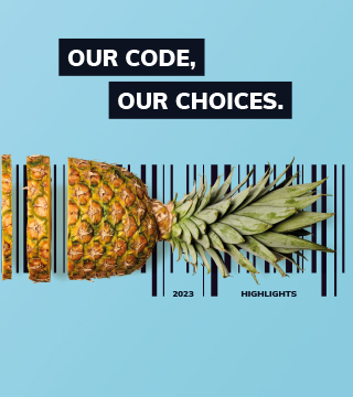 Cover Art of the Annual Report, showing a pineapple sliced up upon a barcode. On top the message reads 