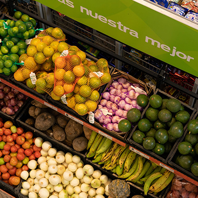 Fresh produce on shelves, seen from above (photo)