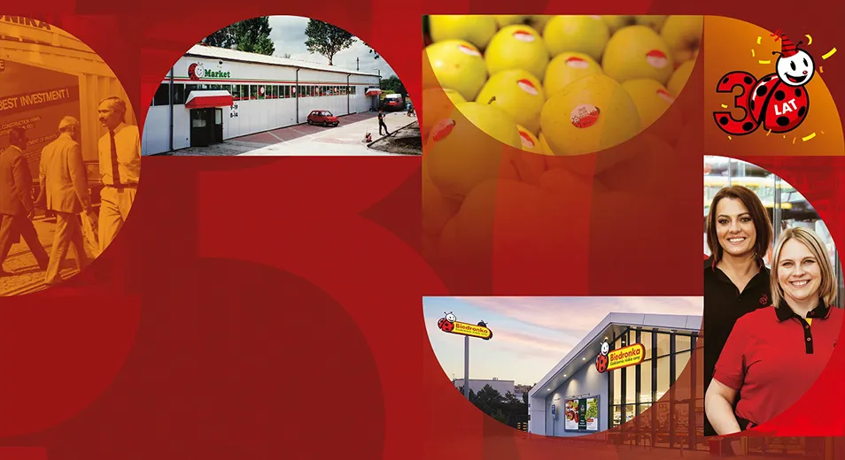 Vintage and modern photos of Biedronka stores, products, employees, and customers in celebration of their 30th anniversary (collage)
