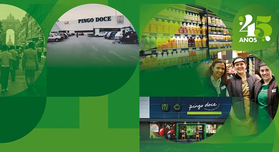 Vintage and modern photos of Pingo Doce stores, products, employees, and customers in celebration of their 45th anniversary (collage)