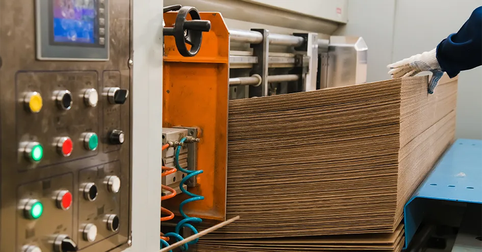 Close-up of a machine cutting a stack of paper boxes (photo)