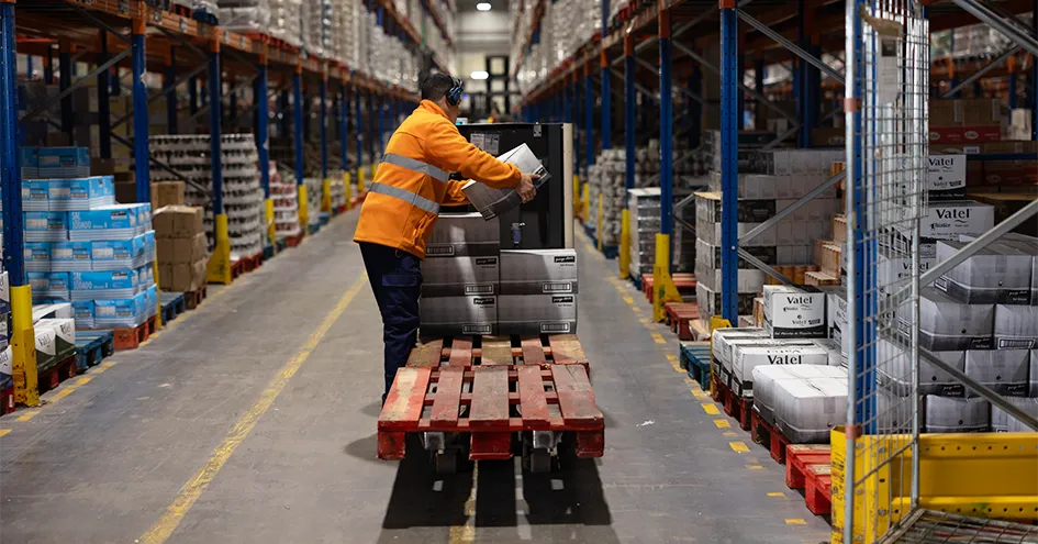 An employee placing boxes on a forklift in a distribution centre (photo)