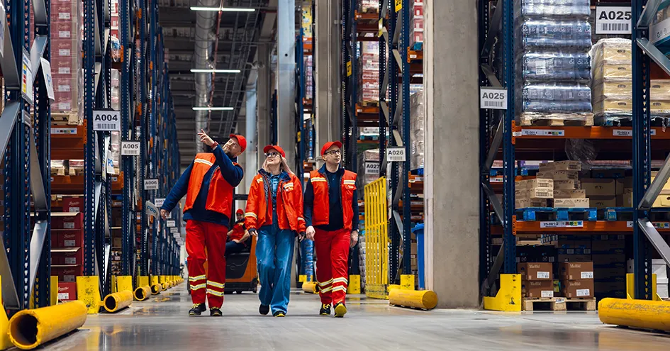 Three employees walking along the corridor of a distribution center. One of the two men is pointing at something, the woman follows his gaze. (photo)