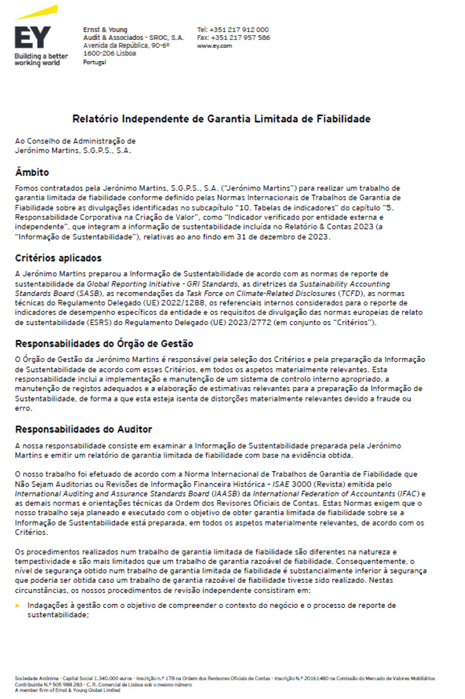 Página 1 do relatório de garantia limitada de fiabilidade independente (foto)
