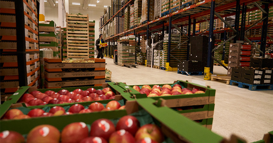 Vista aproximada de maçãs em caixas de cartão num centro de distribuição (foto)