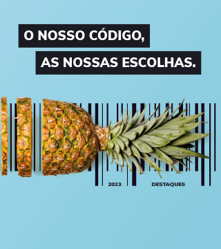 Arte da capa do Relatório Anual, mostrando um ananás cortado sobre um código de barras. No topo, a mensagem diz  