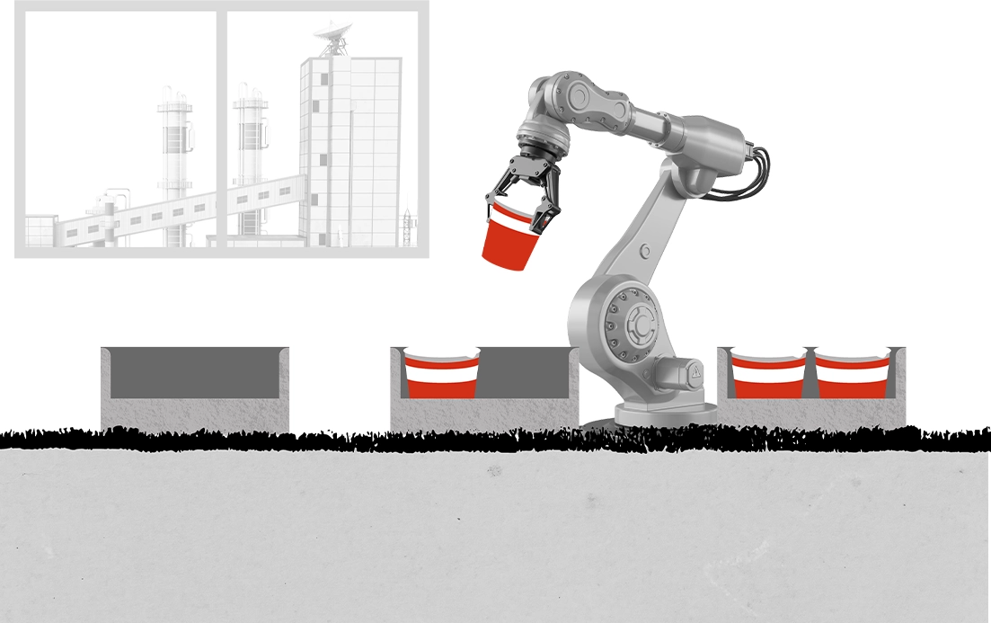 Colagem com um braço robótico que move um contentor vermelho para uma caixa com um segundo contentor vermelho, em frente a uma janela com um edifício industrial visível. (foto)