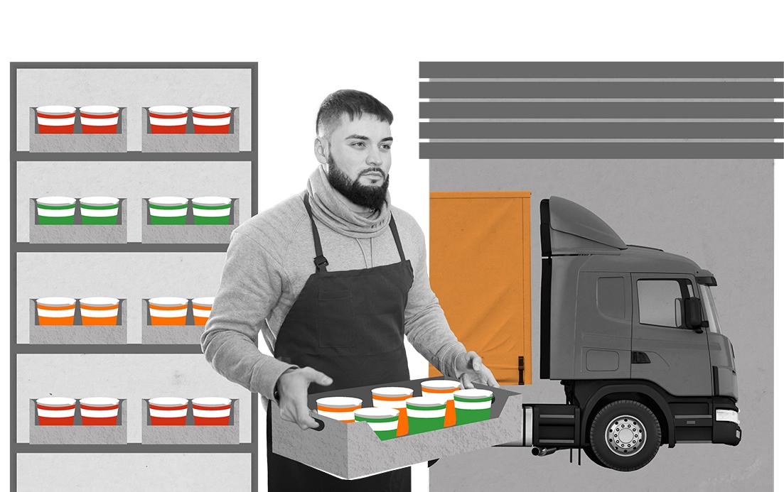 Colagem com um empregado que transporta um tabuleiro com um contentor verde e laranja de uma prateleira abastecida, com um camião laranja visível atrás de um portão meio aberto. (foto)
