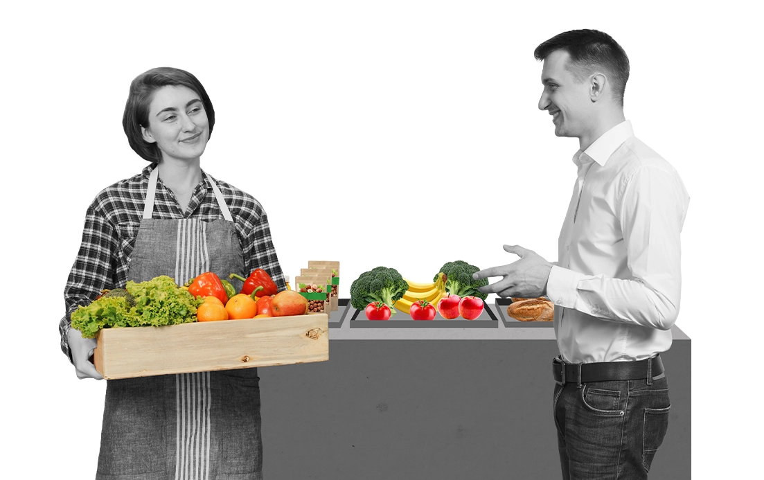 Colagem de empregados a sorrir por cima de um tabuleiro com legumes frescos. (foto)