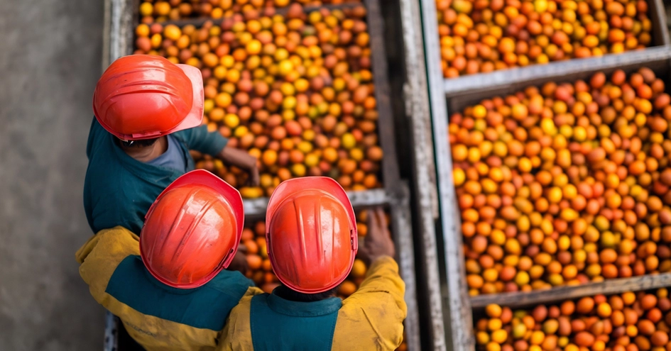 Trabalhadores com capacetes de segurança cor de laranja fotografados de cima a olhar para caixas com frutos de palma. (foto)